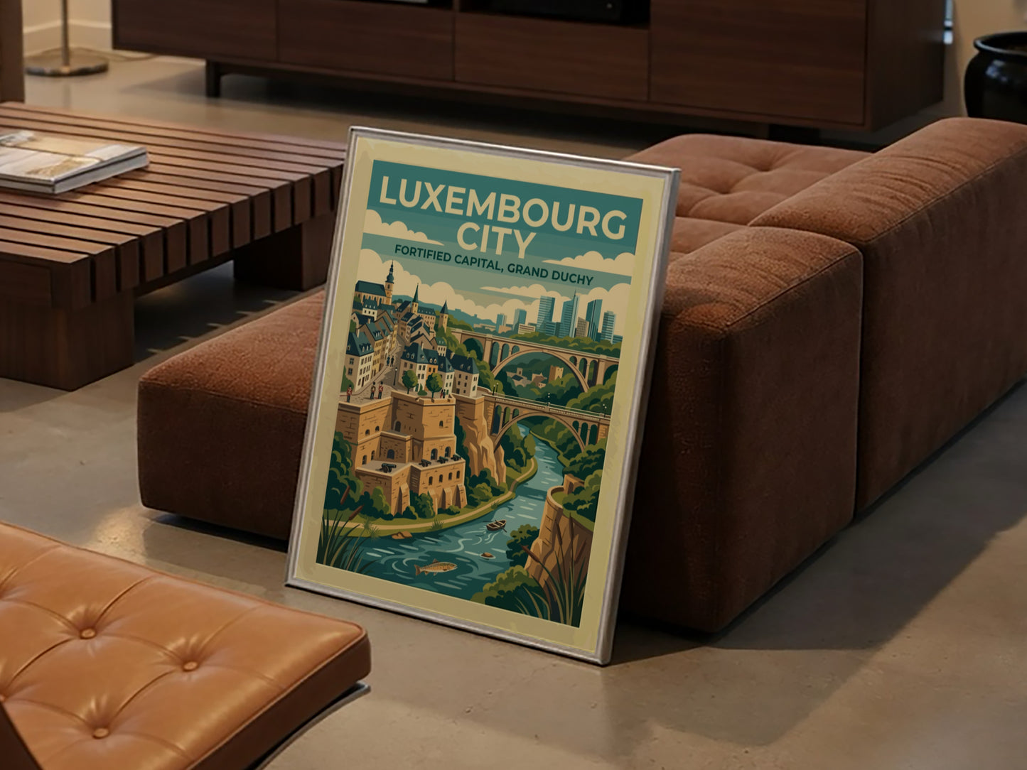 Travel poster of Luxembourg City featuring stone fortifications, arched bridges, and a river.