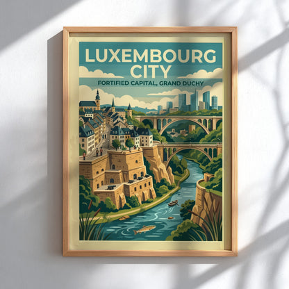 Travel poster of Luxembourg City featuring stone fortifications, arched bridges, and a river.