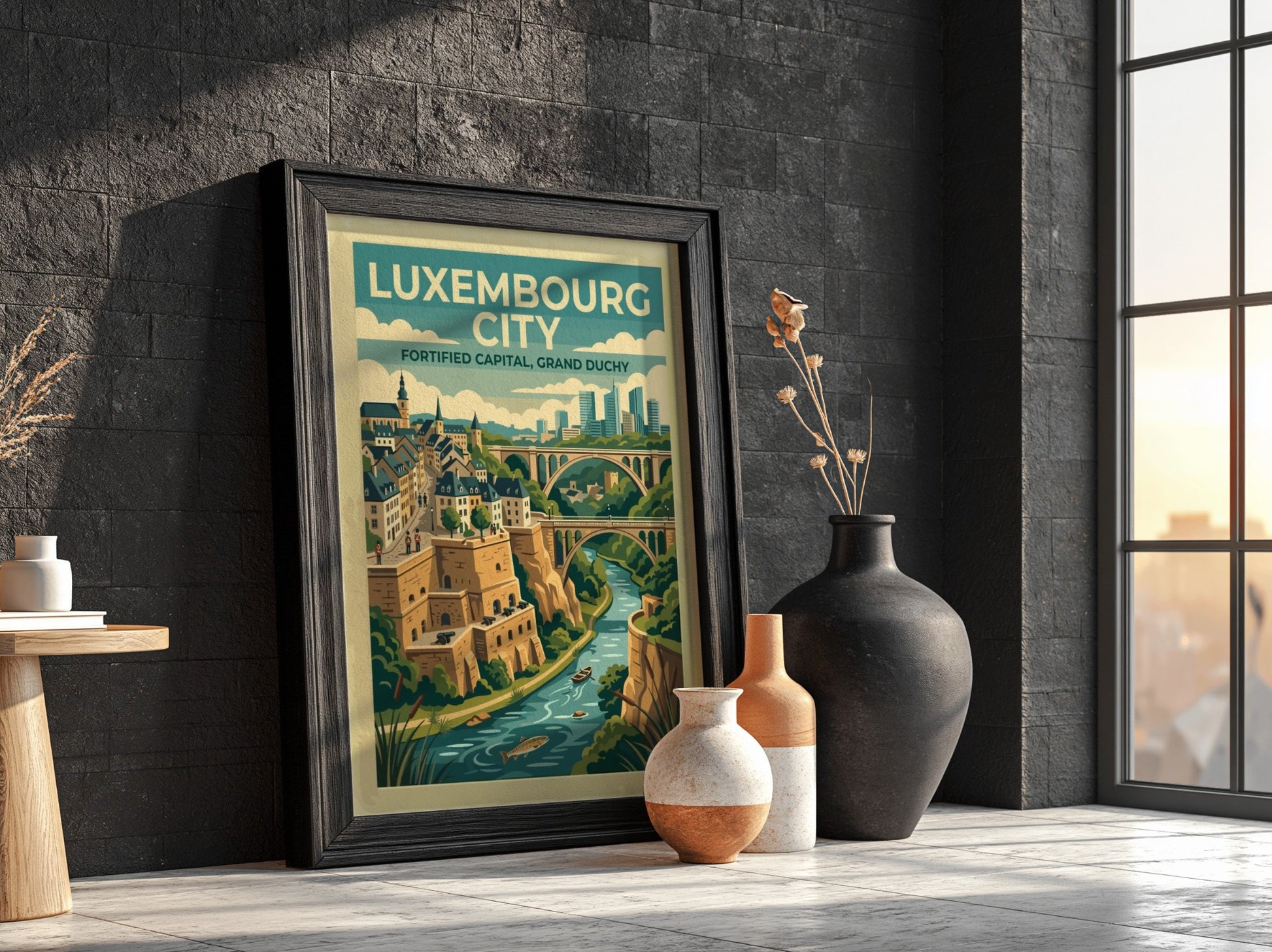 Travel poster of Luxembourg City featuring stone fortifications, arched bridges, and a river.