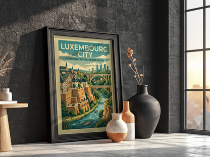 Travel poster of Luxembourg City featuring stone fortifications, arched bridges, and a river.