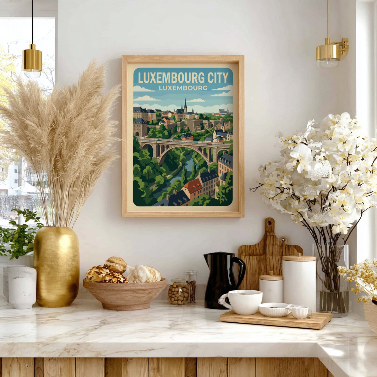 Poster of Luxembourg City featuring a historic stone bridge over a lush valley.