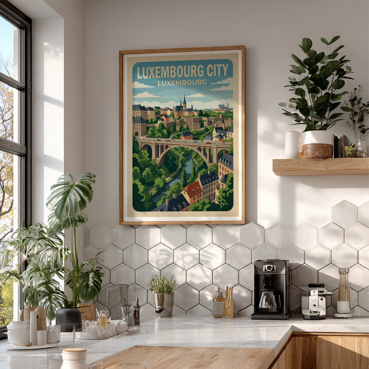 Poster of Luxembourg City featuring a historic stone bridge over a lush valley.