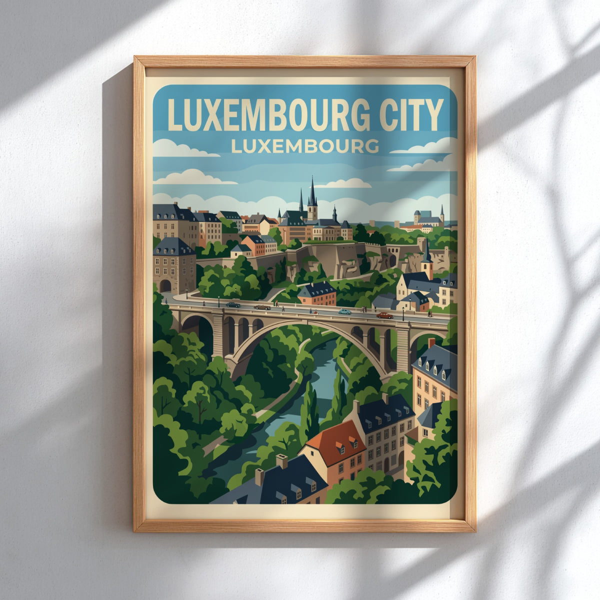 Poster of Luxembourg City featuring a historic stone bridge over a lush valley.
