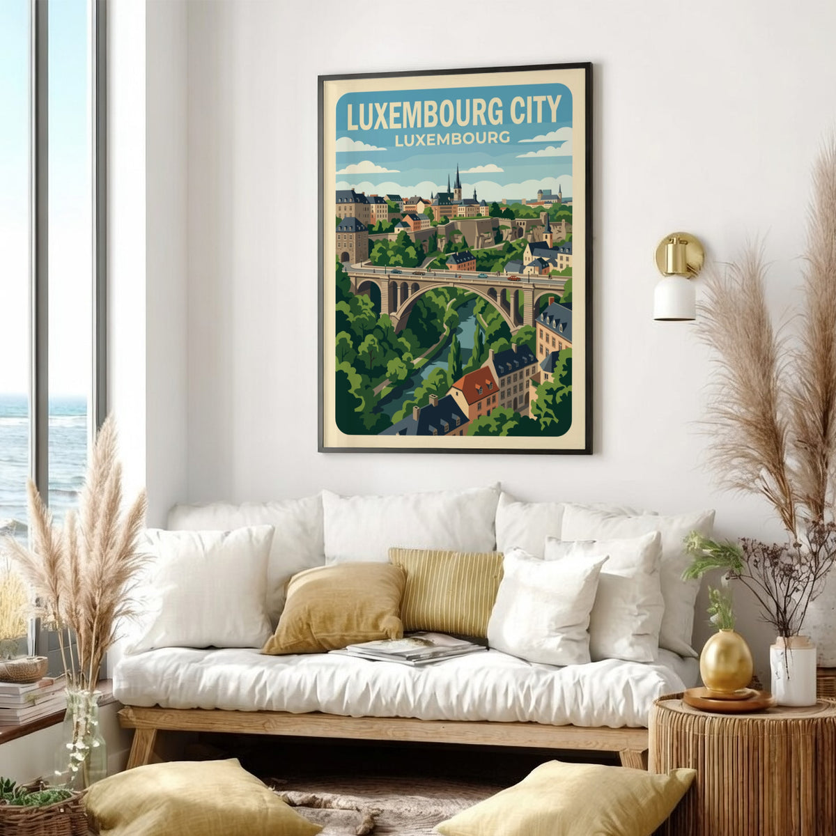 Poster of Luxembourg City featuring a historic stone bridge over a lush valley.