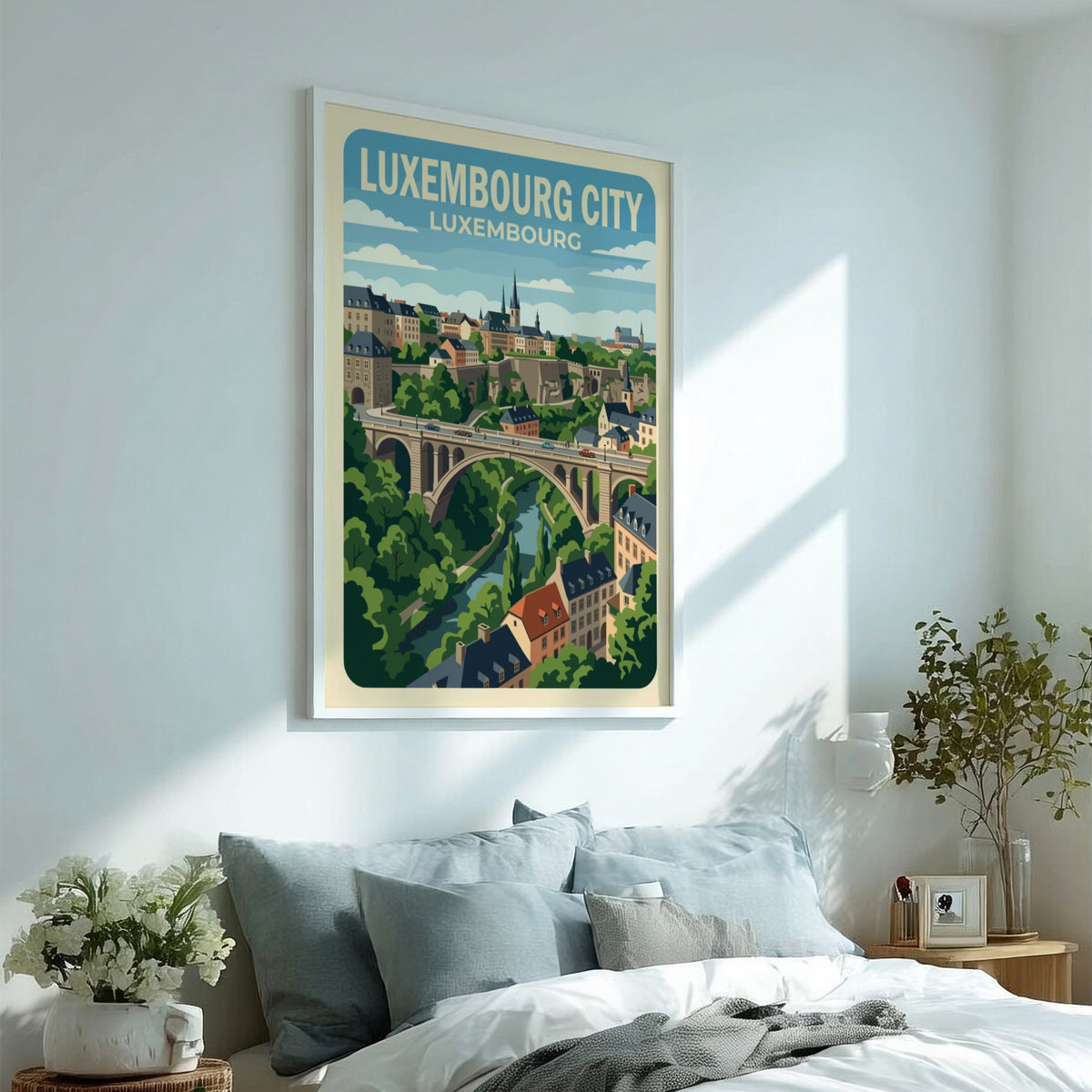 Poster of Luxembourg City featuring a historic stone bridge over a lush valley.
