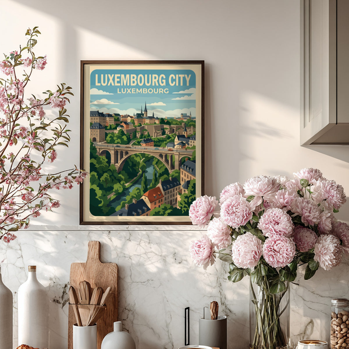 Poster of Luxembourg City featuring a historic stone bridge over a lush valley.