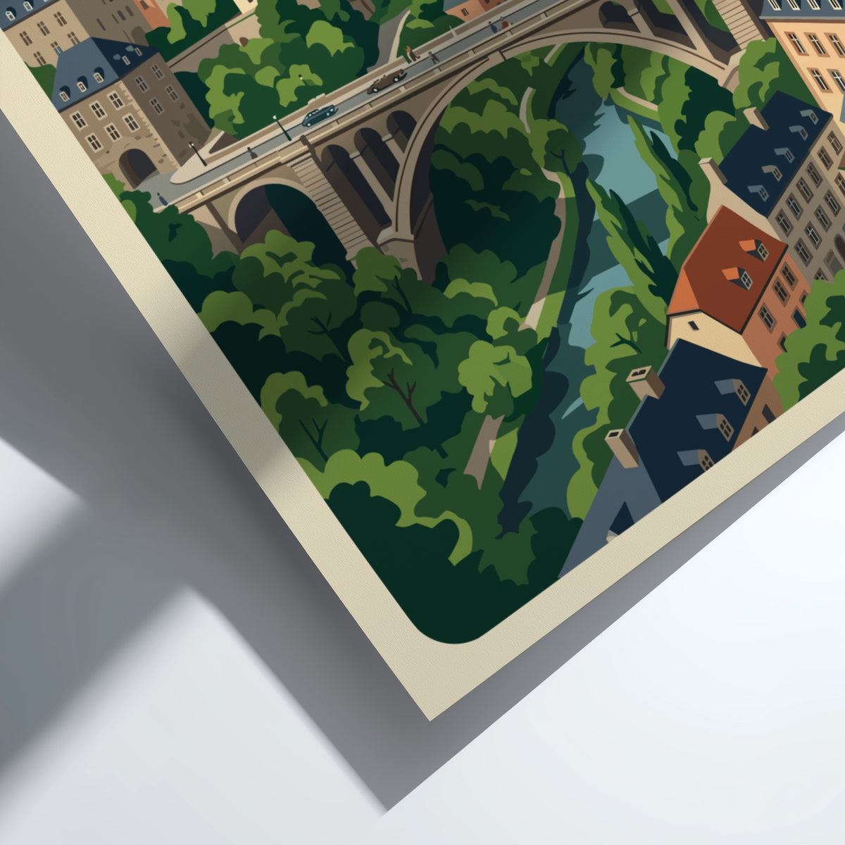 Poster of Luxembourg City featuring a historic stone bridge over a lush valley.