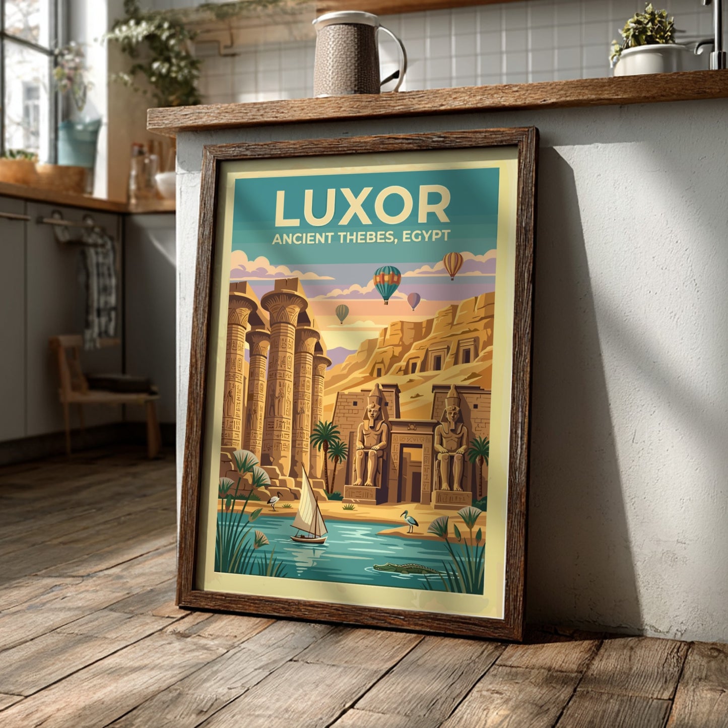 Travel poster of Luxor Ancient Thebes showing stone columns, statues, and hot air balloons.