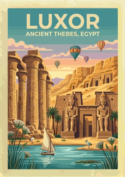 Travel poster of Luxor Ancient Thebes showing stone columns, statues, and hot air balloons.