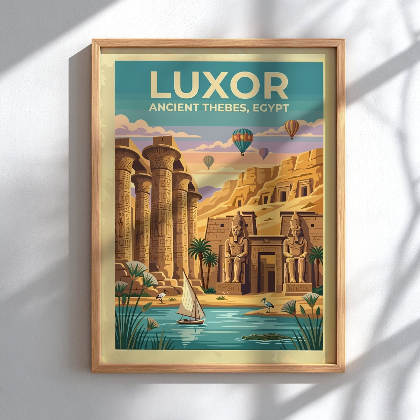 Travel poster of Luxor Ancient Thebes showing stone columns, statues, and hot air balloons.