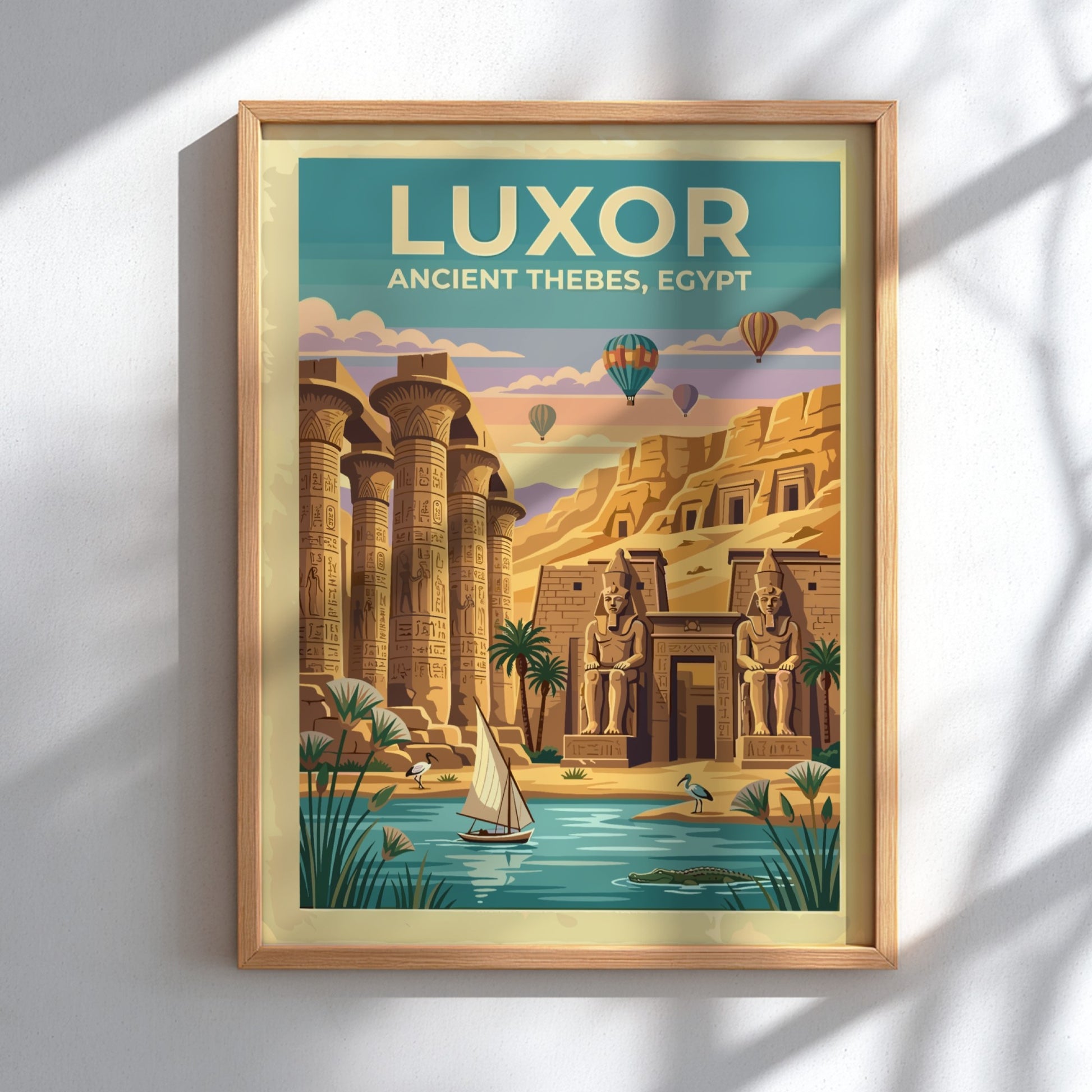 Travel poster of Luxor Ancient Thebes showing stone columns, statues, and hot air balloons.
