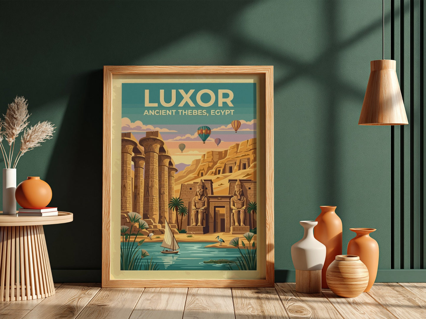 Travel poster of Luxor Ancient Thebes showing stone columns, statues, and hot air balloons.