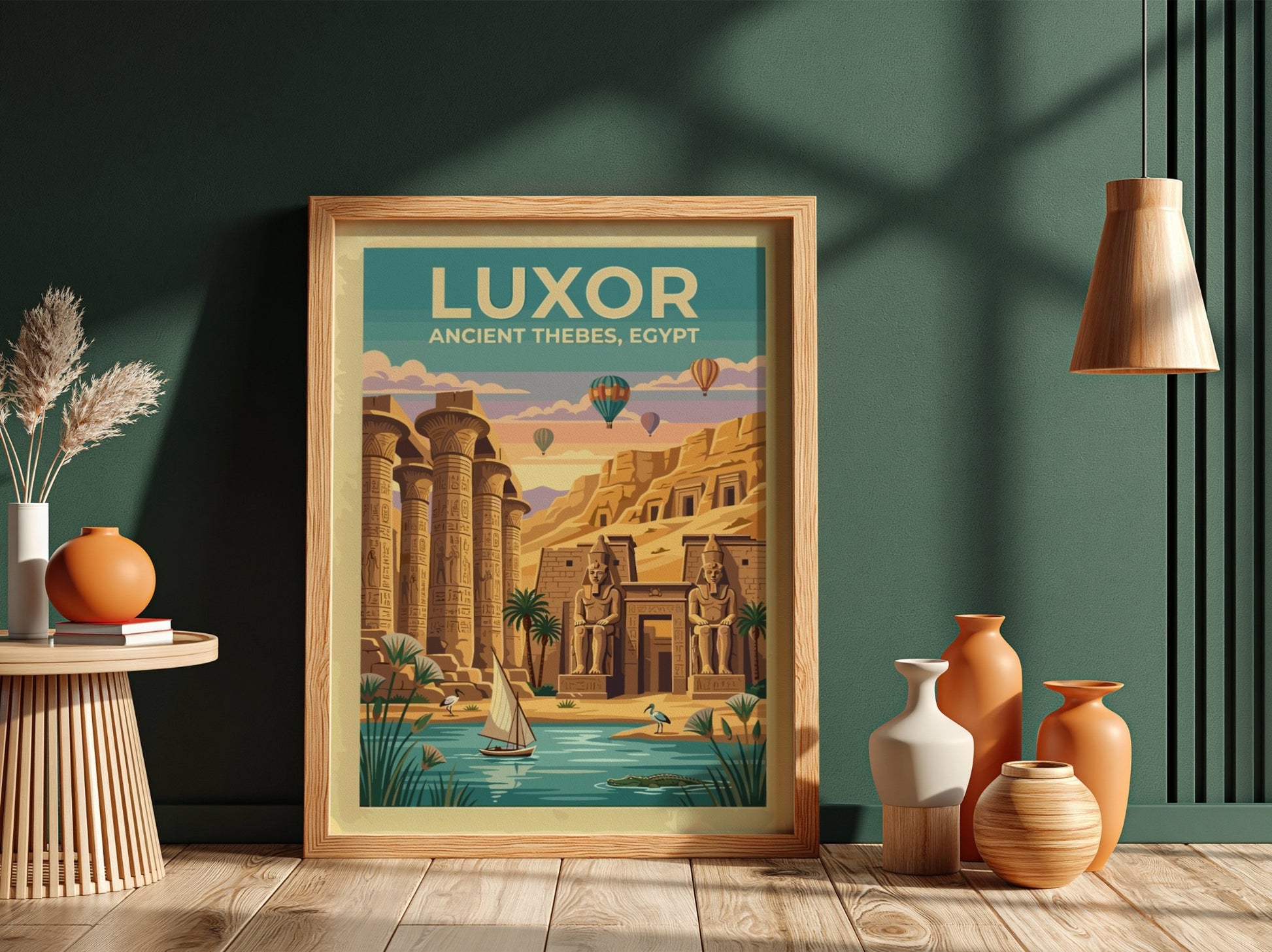 Travel poster of Luxor Ancient Thebes showing stone columns, statues, and hot air balloons.
