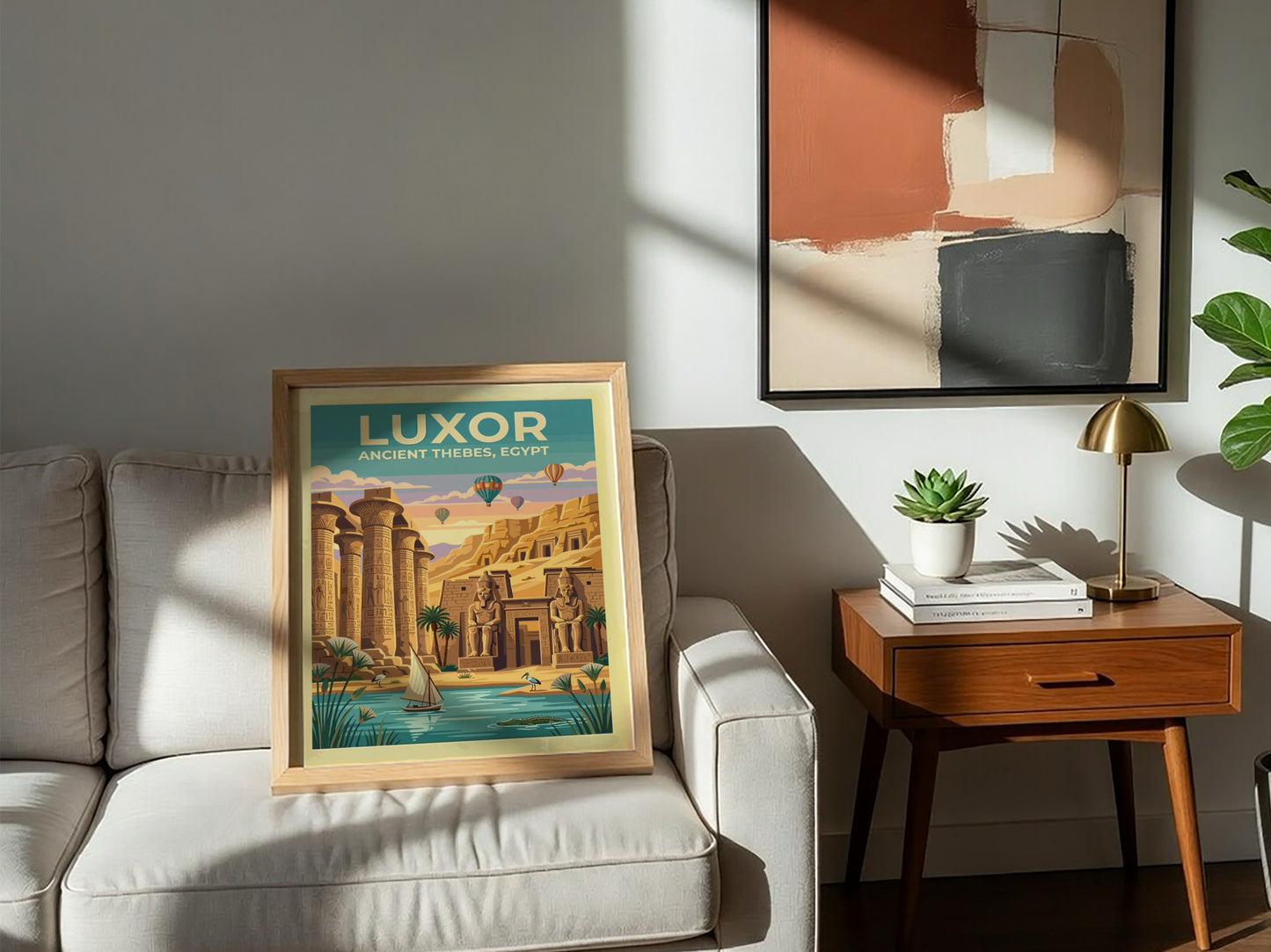 Travel poster of Luxor Ancient Thebes showing stone columns, statues, and hot air balloons.