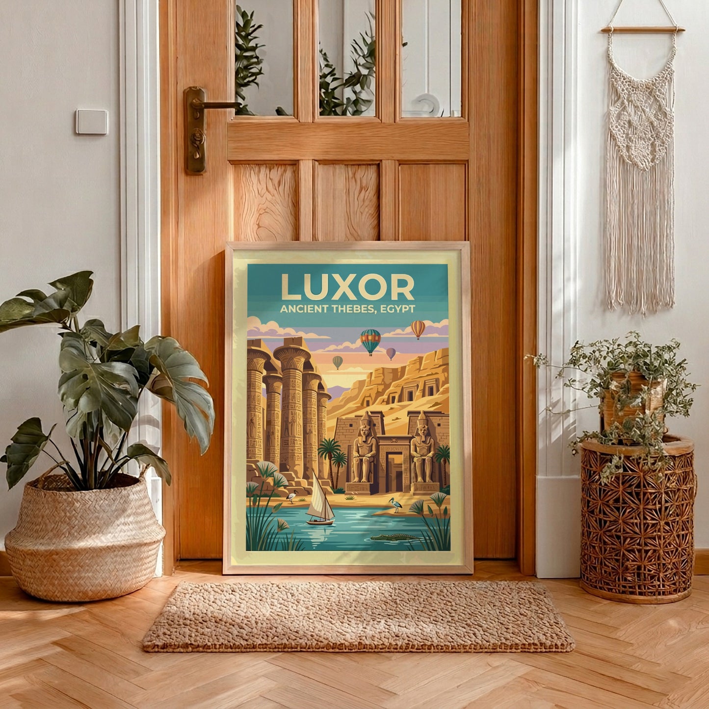 Travel poster of Luxor Ancient Thebes showing stone columns, statues, and hot air balloons.