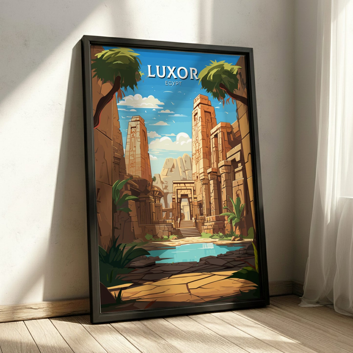 Framed poster of Luxor temple with palm trees and blue sky.