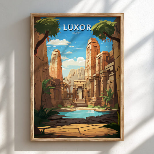 Framed artwork of Luxor Temple with palm trees and a pool on a white wall.