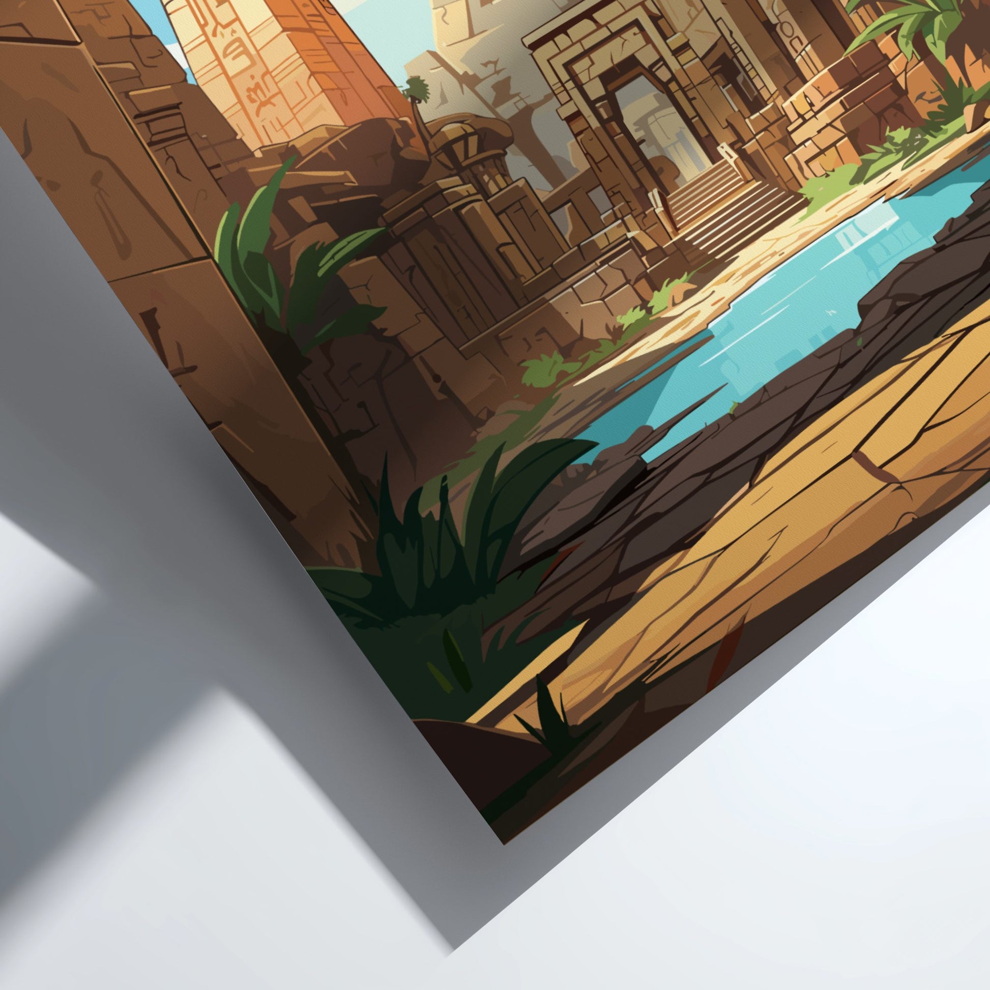 Cartoon-style desert scene with ruins and water pool
