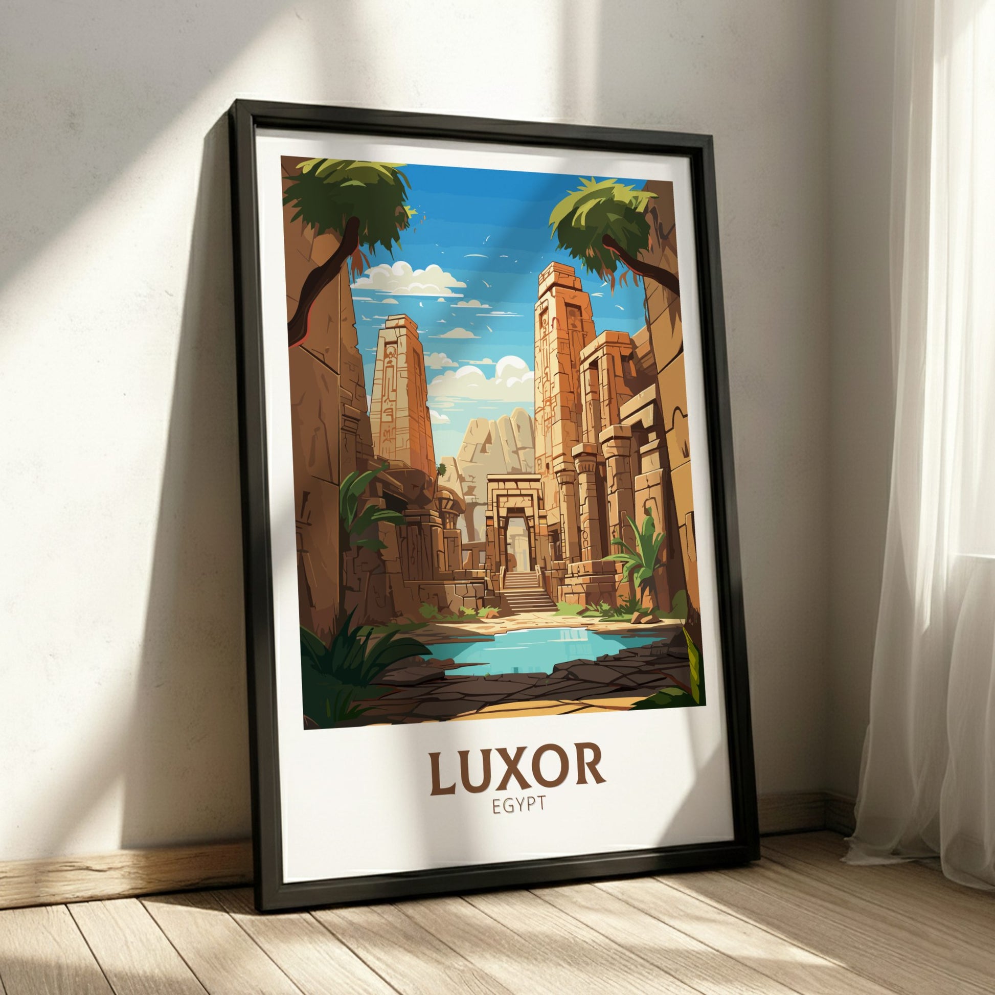 Framed poster of Luxor, Egypt with ancient temple design on a white wall.