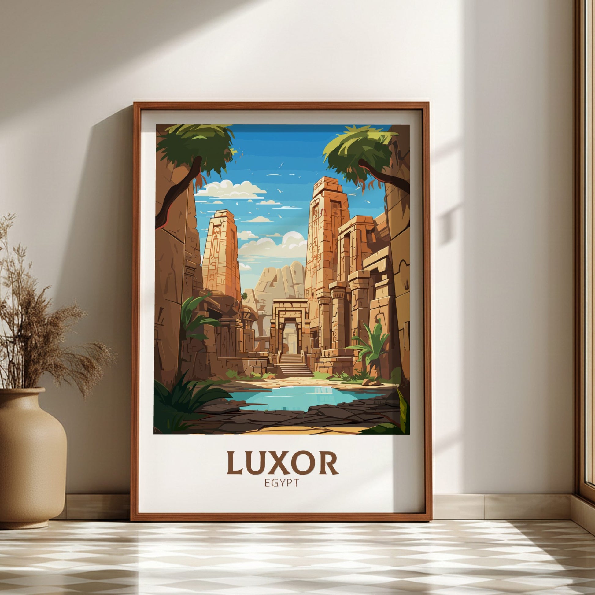 Framed poster of Luxor, Egypt with ancient temple and palm trees on a wall.