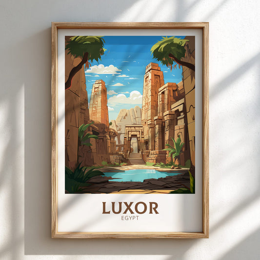 Framed artwork of Luxor Temple with palm trees and blue sky.