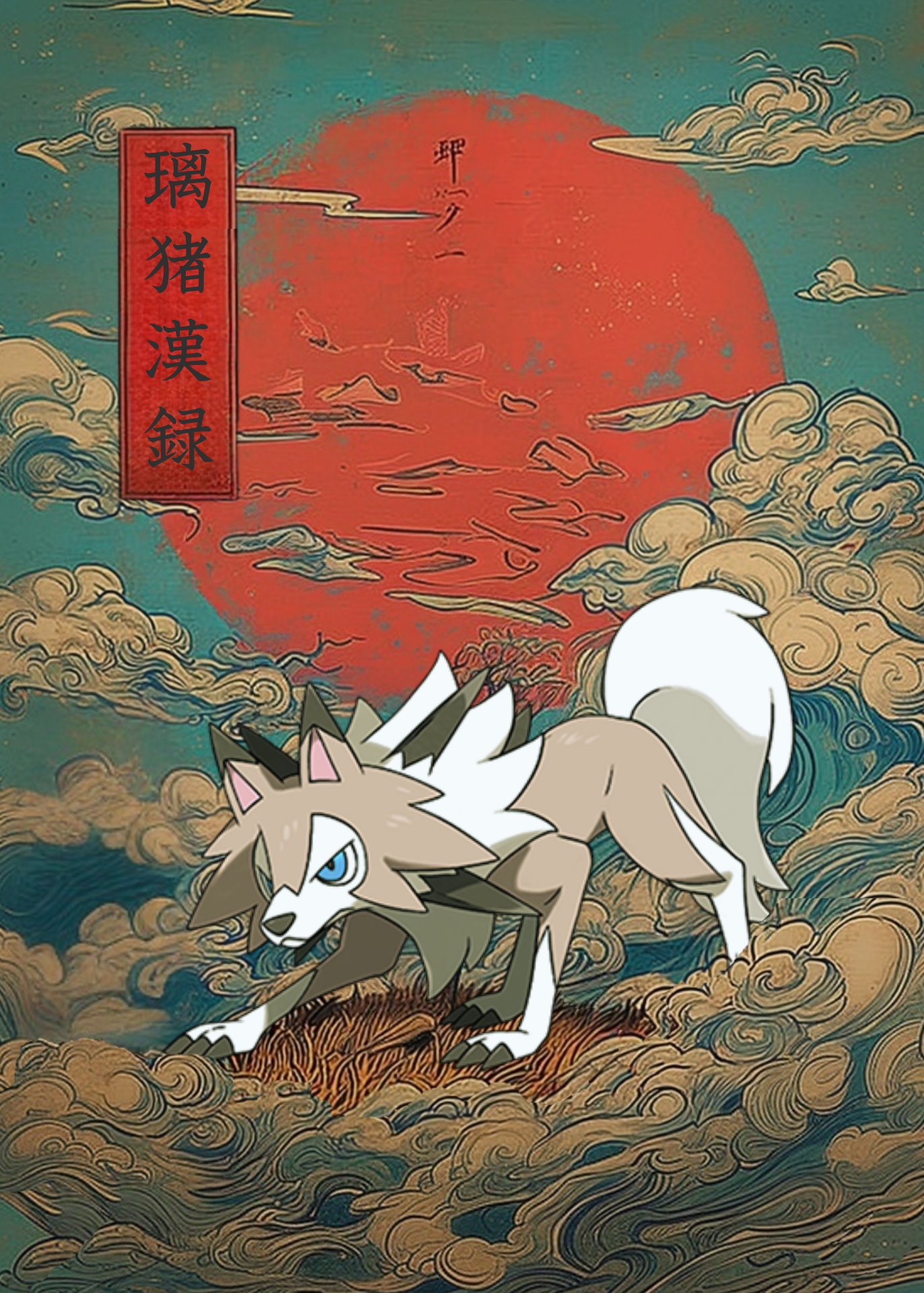 Lycanroc Pokemon on clouds with a red sun and Chinese characters in the background