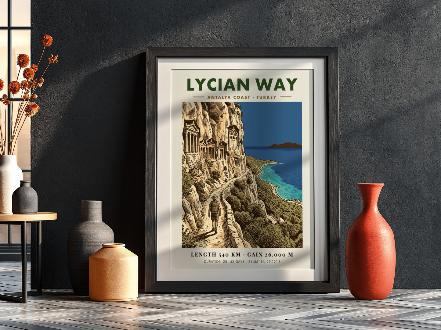 Poster of the Lycian Way hiking trail in Turkey with ancient rock tombs overlooking