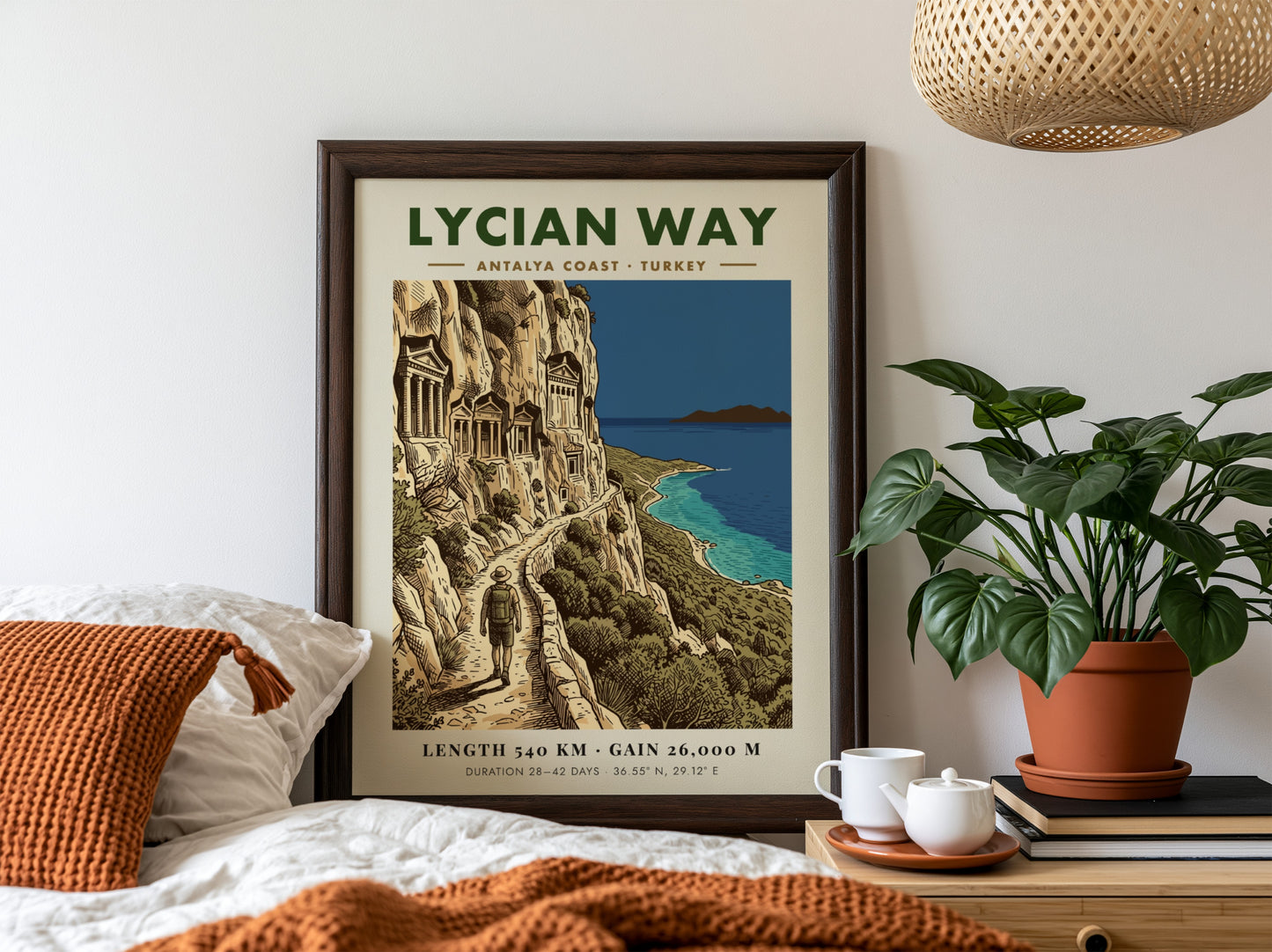 Poster of the Lycian Way hiking trail in Turkey with ancient rock tombs overlooking