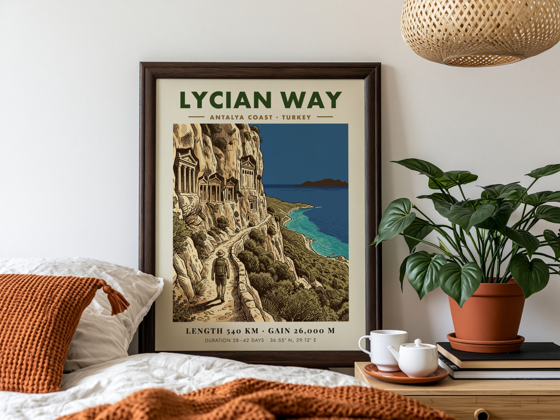 Poster of the Lycian Way hiking trail in Turkey with ancient rock tombs overlooking