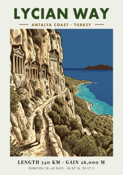 Poster of the Lycian Way hiking trail in Turkey with ancient rock tombs overlooking