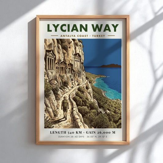 Poster of the Lycian Way hiking trail in Turkey with ancient rock tombs overlooking