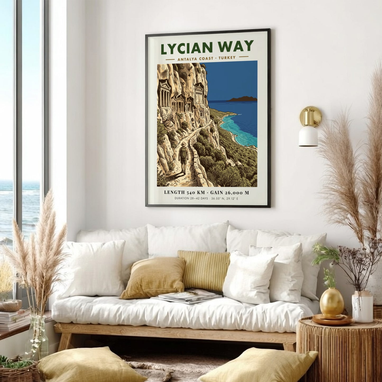 Poster of the Lycian Way hiking trail in Turkey with ancient rock tombs overlooking