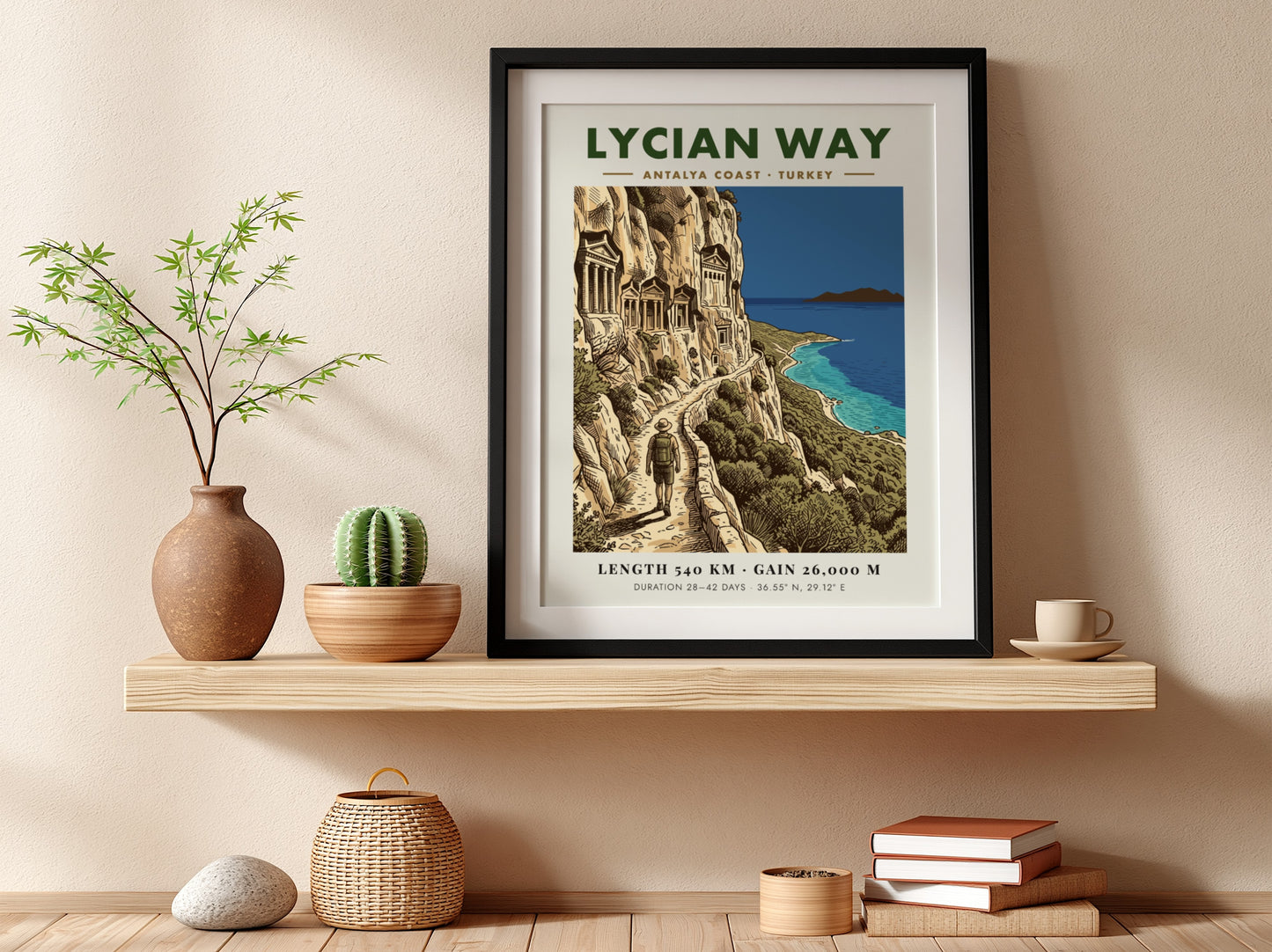 Poster of the Lycian Way hiking trail in Turkey with ancient rock tombs overlooking