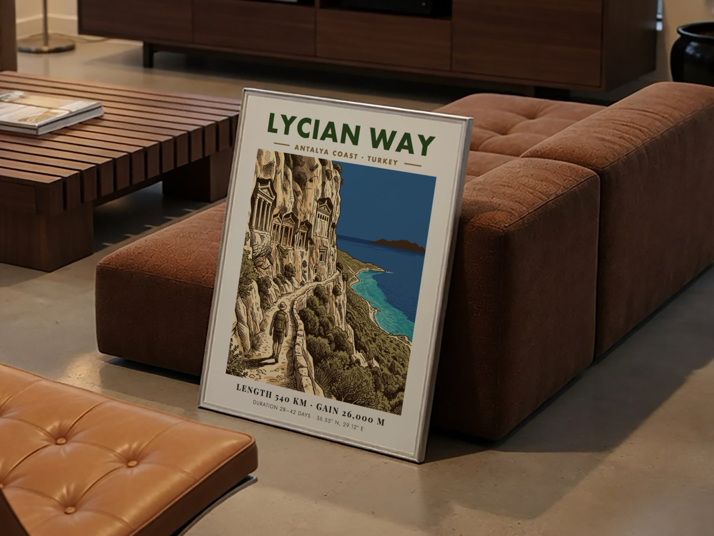Poster of the Lycian Way hiking trail in Turkey with ancient rock tombs overlooking