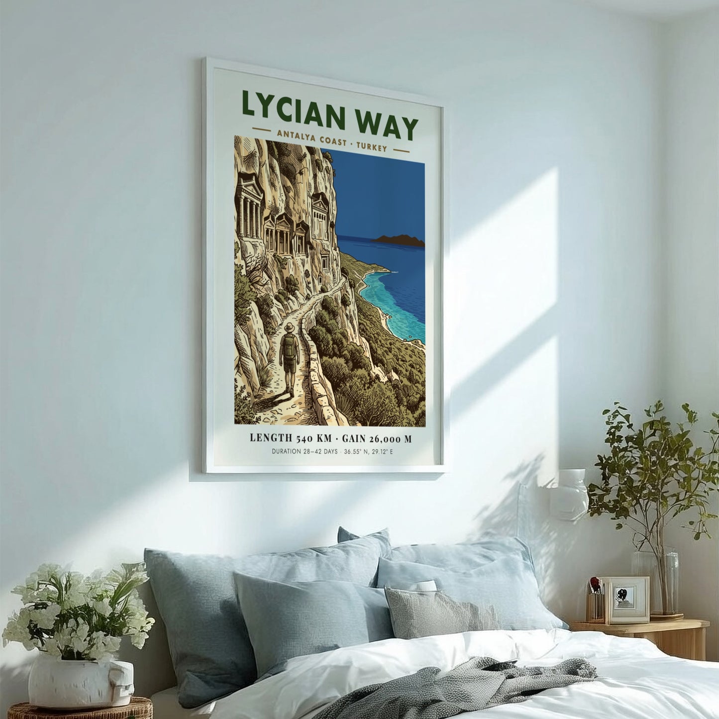 Poster of the Lycian Way hiking trail in Turkey with ancient rock tombs overlooking