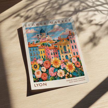 Flower market poster featuring vibrant cityscape with colorful flowers and buildings