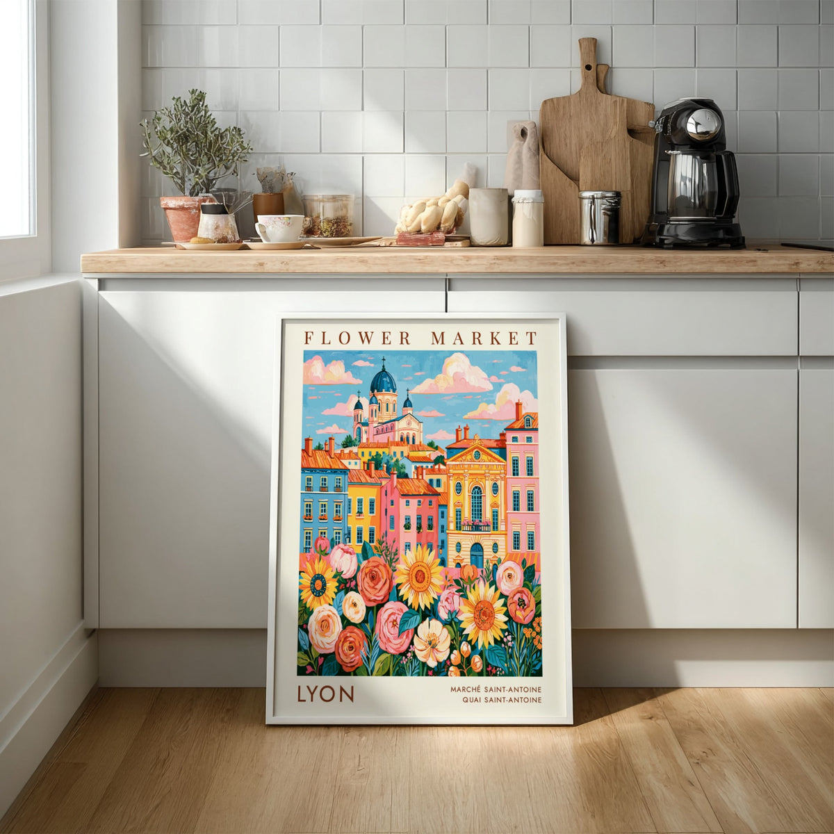 Flower market poster featuring vibrant cityscape with colorful flowers and buildings
