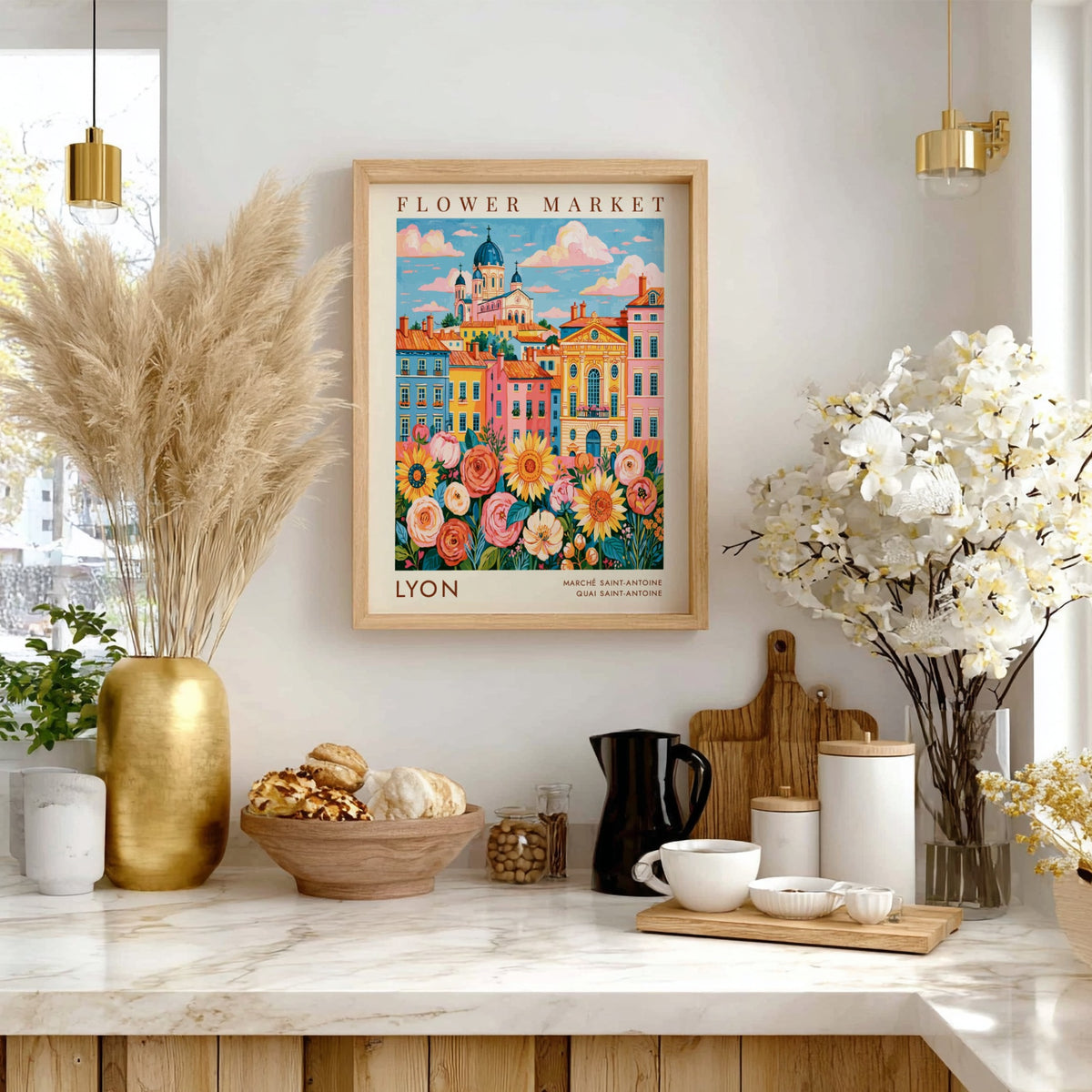 Flower market poster featuring vibrant cityscape with colorful flowers and buildings