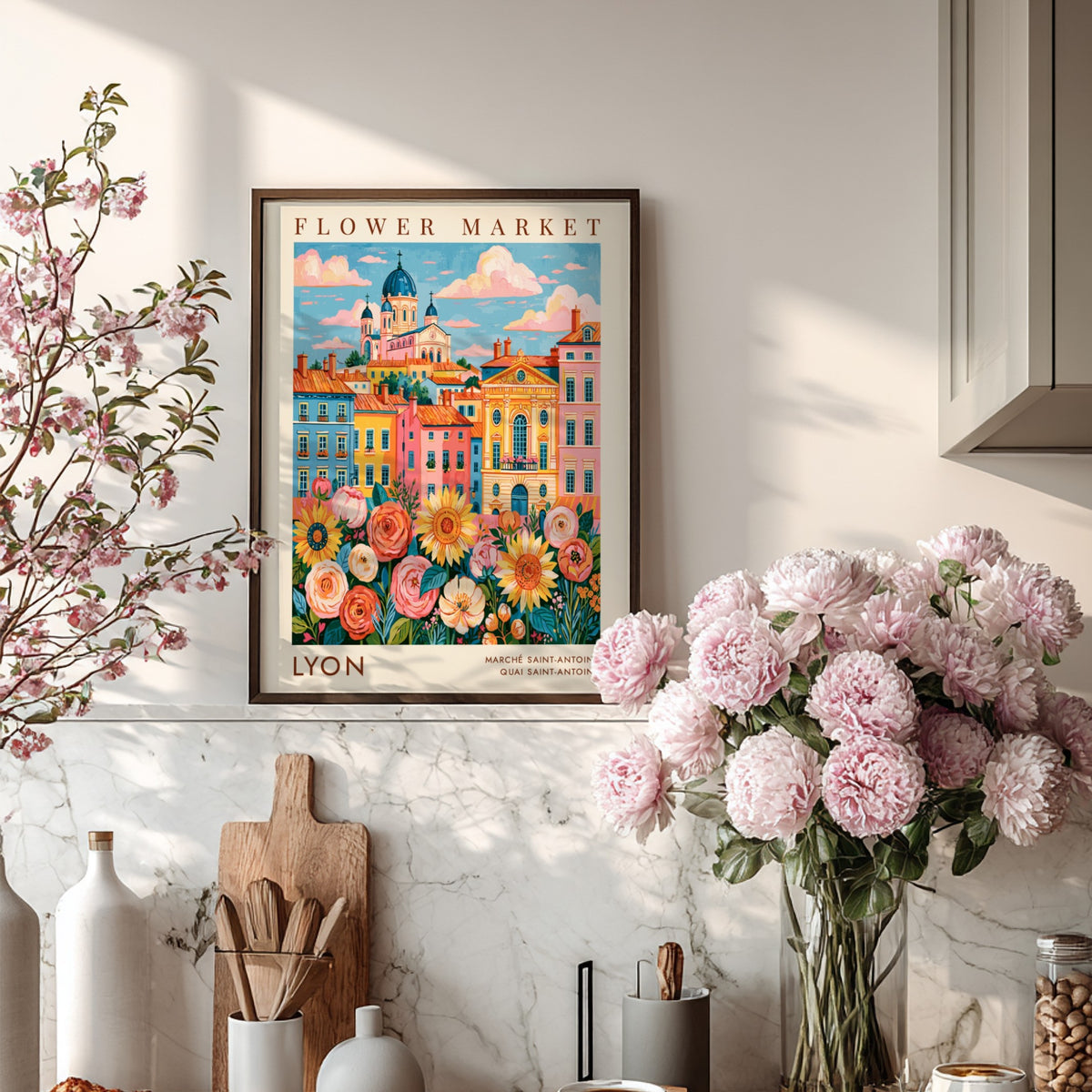 Flower market poster featuring vibrant cityscape with colorful flowers and buildings