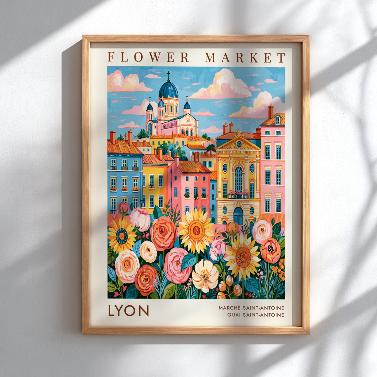 Flower market poster featuring vibrant cityscape with colorful flowers and buildings