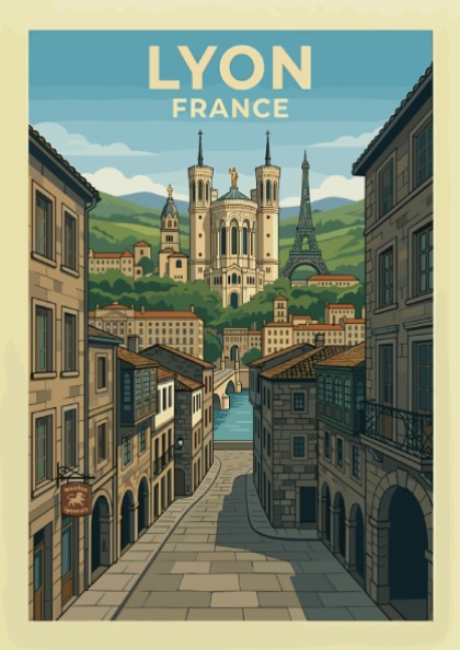 Vintage travel poster of Lyon, France, showcasing the basilica and Eiffel Tower replica with cobblestone