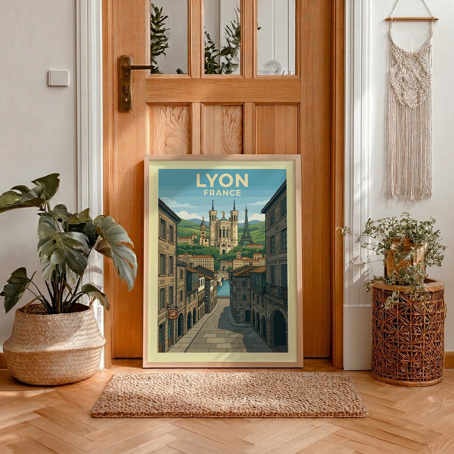 Vintage travel poster of Lyon, France, showcasing the basilica and Eiffel Tower replica with cobblestone