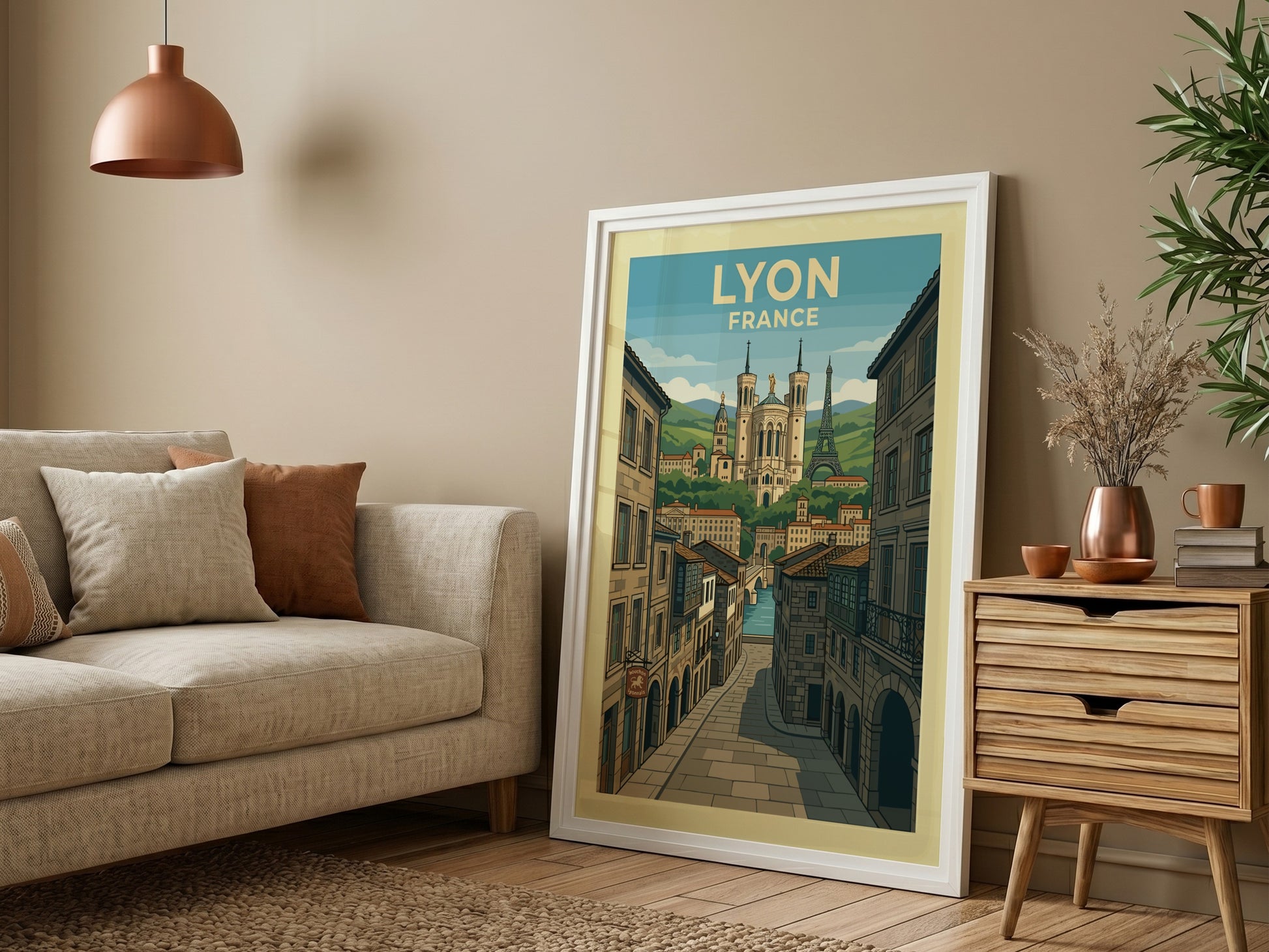 Vintage travel poster of Lyon, France, showcasing the basilica and Eiffel Tower replica with cobblestone