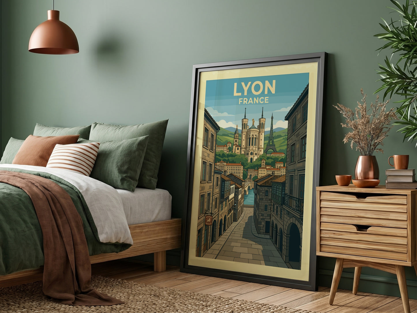 Vintage travel poster of Lyon, France, showcasing the basilica and Eiffel Tower replica with cobblestone