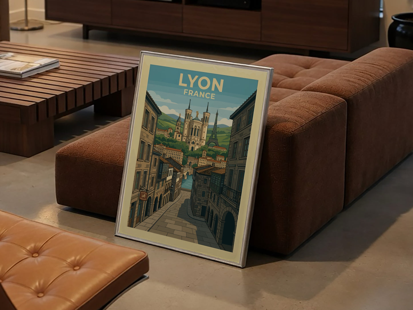 Vintage travel poster of Lyon, France, showcasing the basilica and Eiffel Tower replica with cobblestone