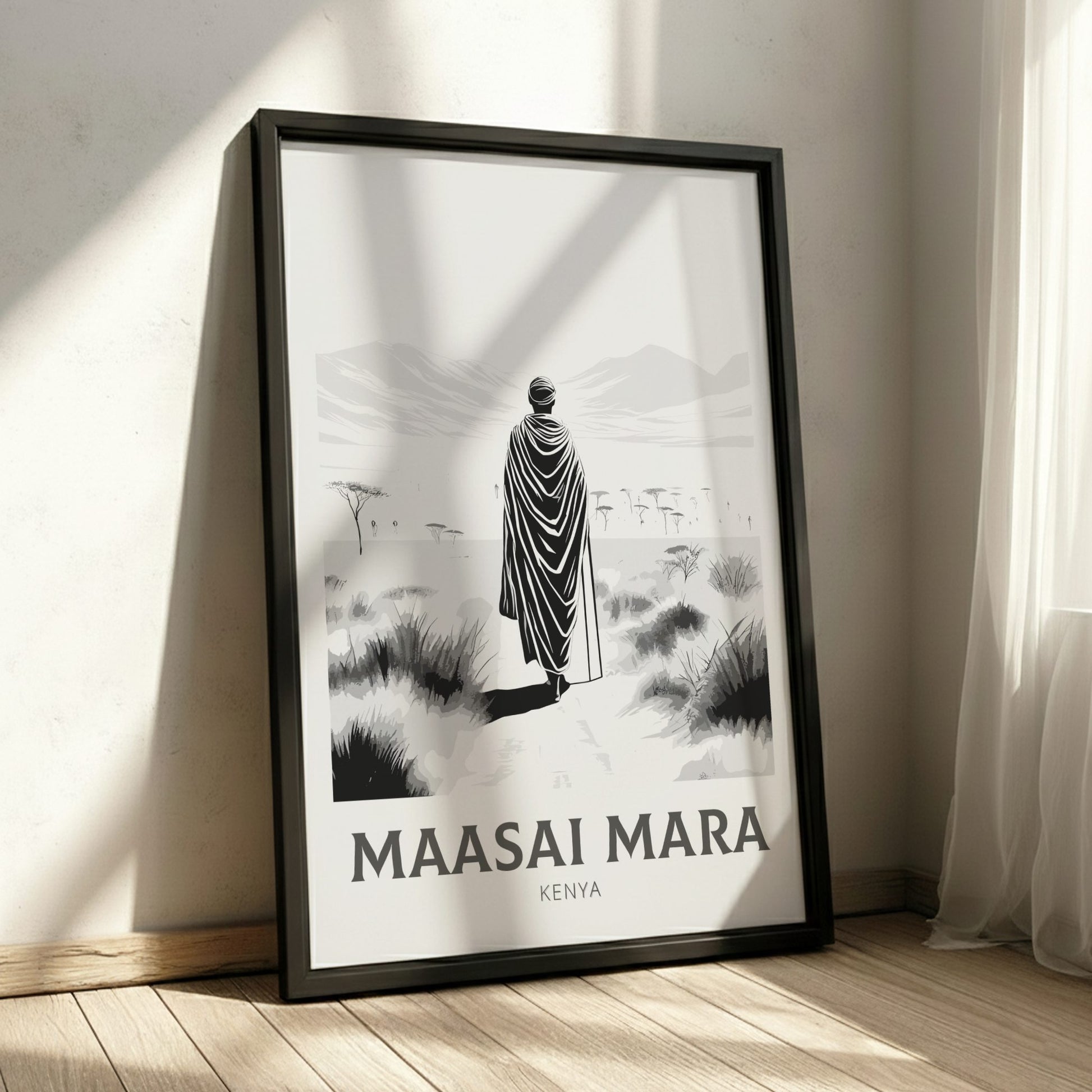 Framed poster of a person in Maasai Mara, Kenya on a wall.