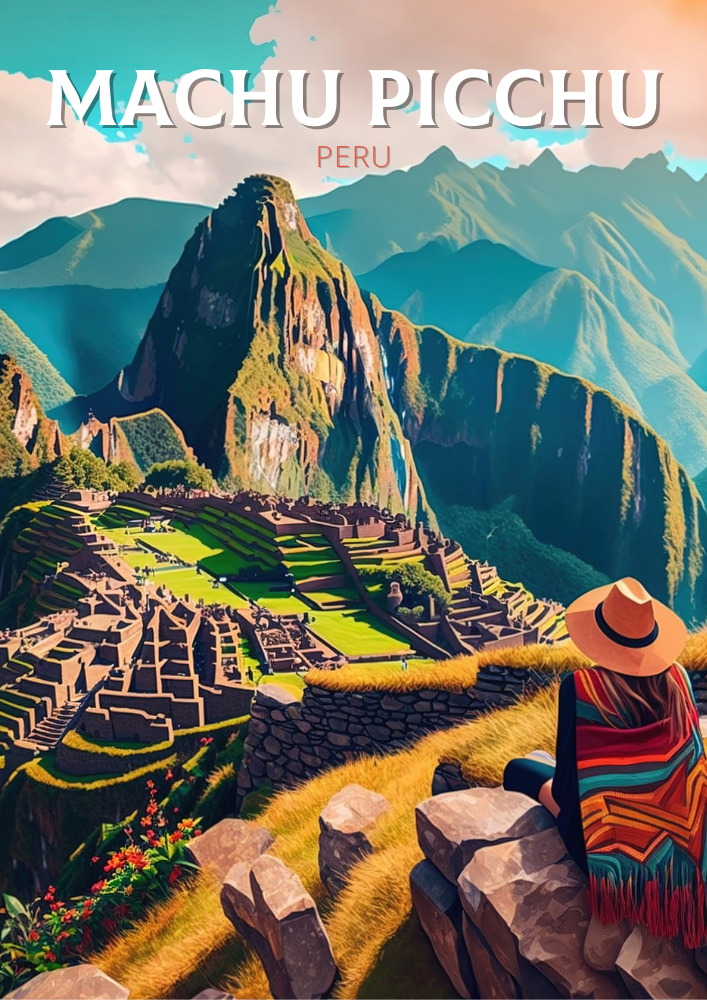 South America MACHU PICCHU ART POSTER - RETRO INCAN DESIGN