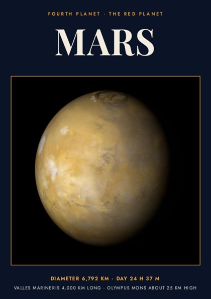 Mars poster featuring the red planet against a dark background with scientific data