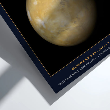 Mars poster featuring the red planet against a dark background with scientific data