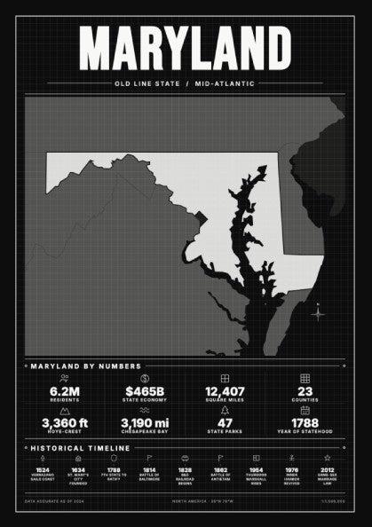 Maryland USA states poster featuring a vintage map design in elegant colors.
